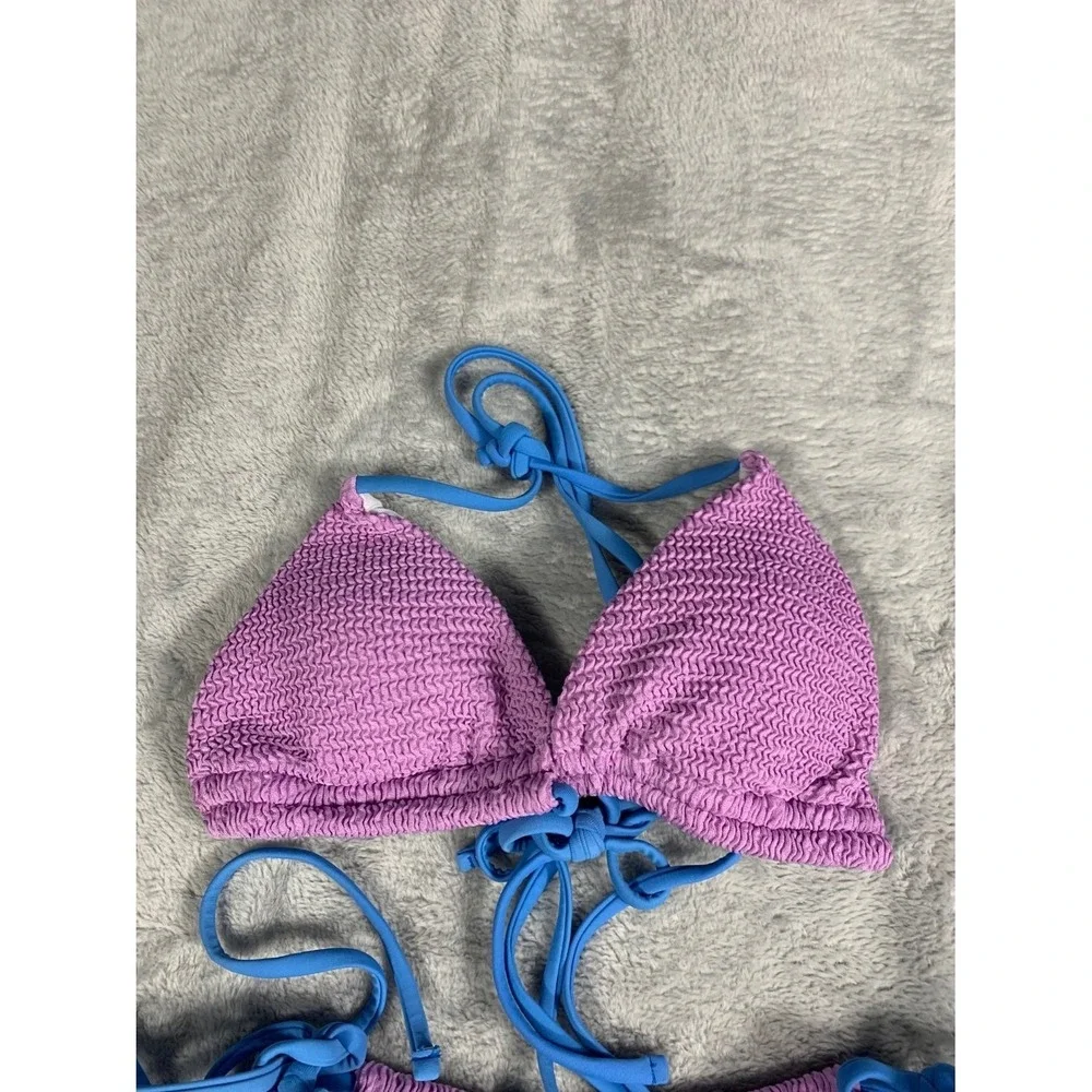 Textured Smocked Bikini Set Womens Size S Purple Blue Side Tie 2 Piece Swimsuit